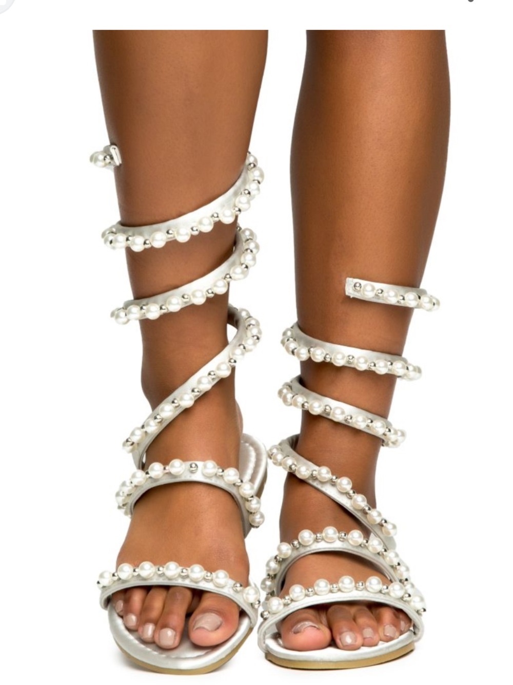 BellaMarie Silver Pearl Spiral Strappy Flat Sandals